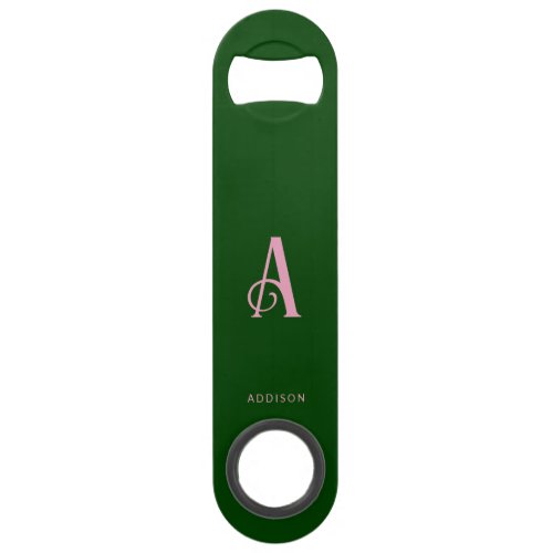 Stylish Chic Pink Monogram Initial Name Dark Green Bar Key