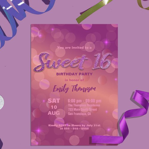 Stylish Chic Pink Purple Sparkling Lights Sweet 16 Invitation