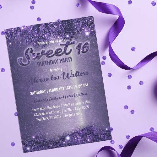 Stylish Chic Purple Sparkling Foil Sweet 16 Party  Invitation