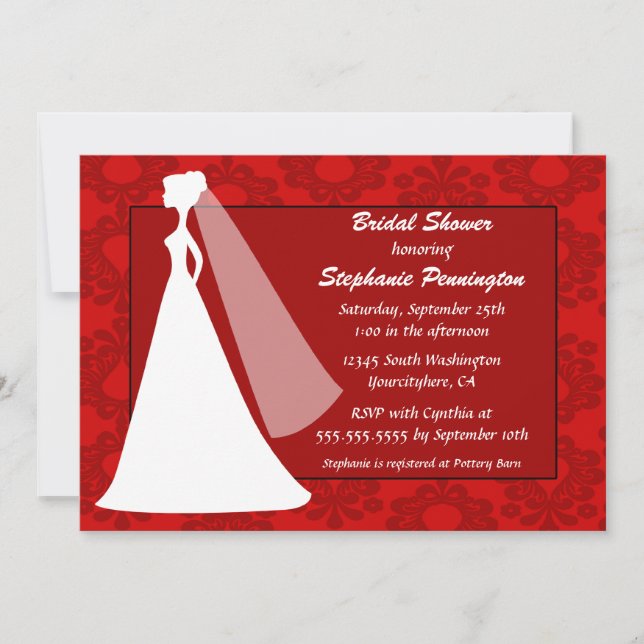 Stylish chic red damask bridal shower invitation (Front)