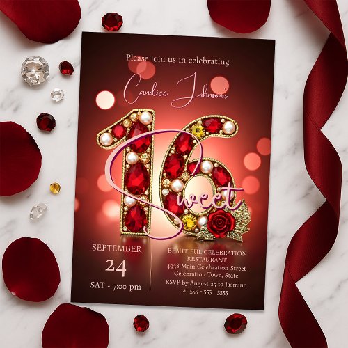 Stylish Chic Red Rose Gold Ruby Gemstone Sweet 16 Invitation