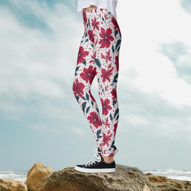 Stylish Chic Red White Poinsettia Floral Pattern  Leggings (Creator Uploaded)