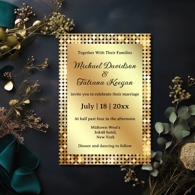 stylish chic retro disco gold metallic wedding invitation (Creator Uploaded)