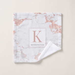 Stylish Chic Rose Gold Foil Marble Monogram Bath Towel Set