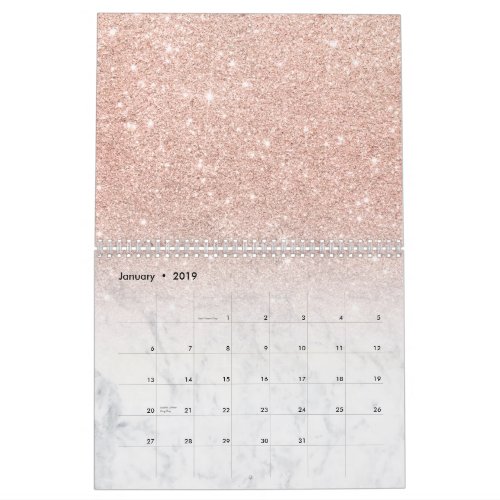 Stylish chic rose gold glitter ombre white marble calendar