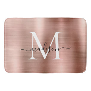 Stylish Chic Rose Gold Steel Metal Monogram Script Bath Mat