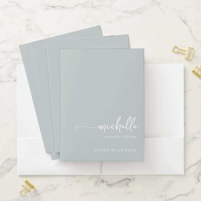 Stylish Chic Sage Green Monogram Name Script Pocket Folder (In Situ)