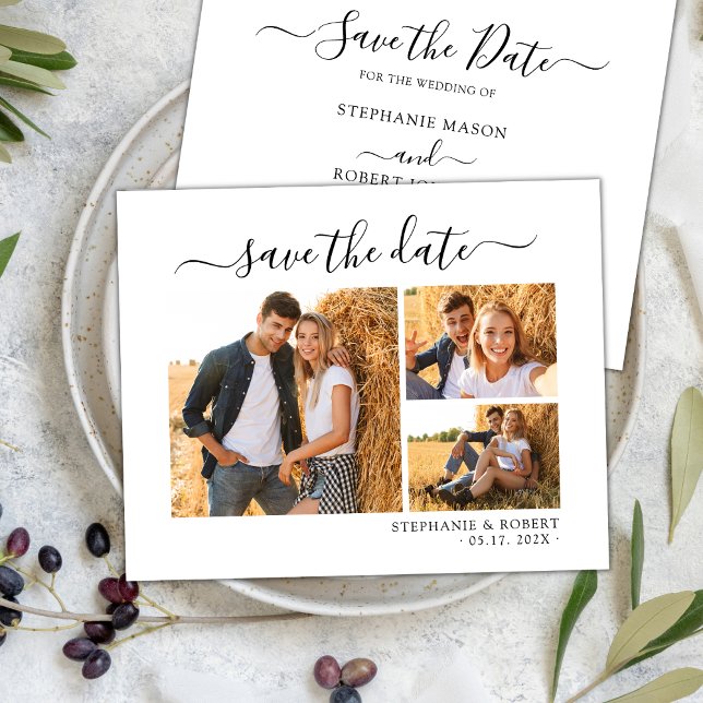 Stylish Chic Script 3 Photo Collage Wedding  Save The Date (Creator Uploaded)