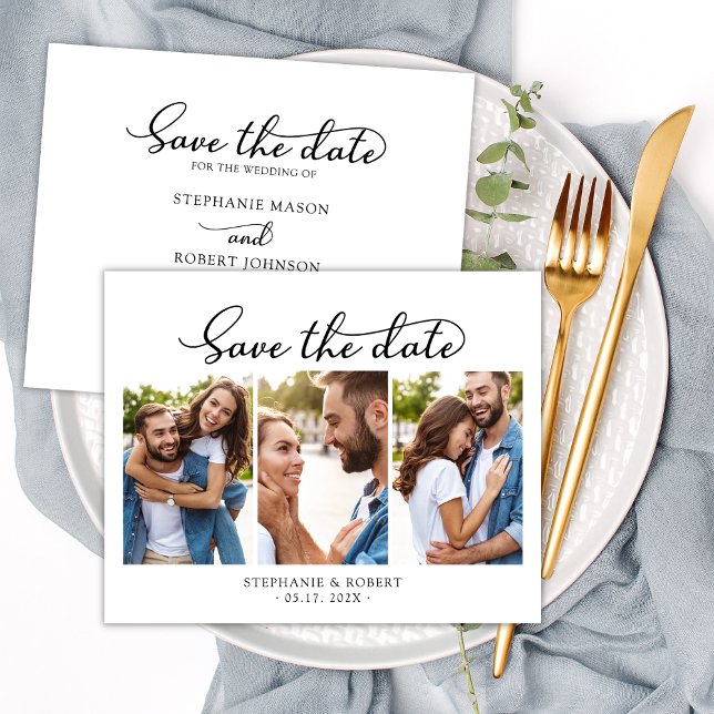 Stylish Chic Script 3 Photo Collage Wedding  Save The Date (Creator Uploaded)