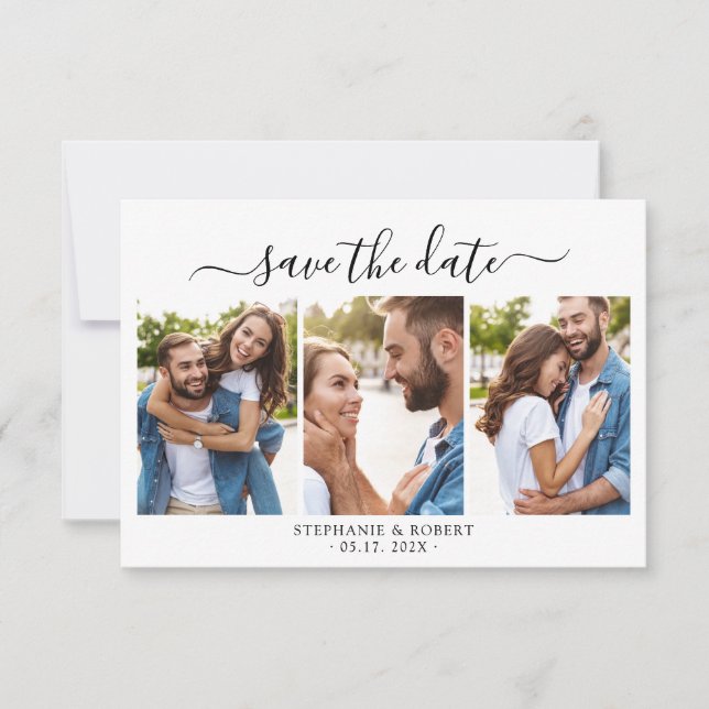 Stylish Chic Script 3 Photo Collage Wedding  Save The Date (Front)