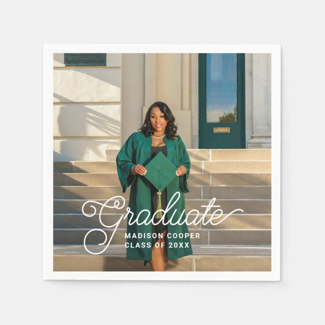 Stylish Chic Script Custom Photo Graduation Party Napkins (Front)