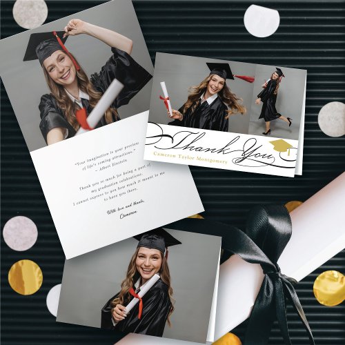 Stylish Chic Script Graduation Cap 2 Photo Grad Thank You Card