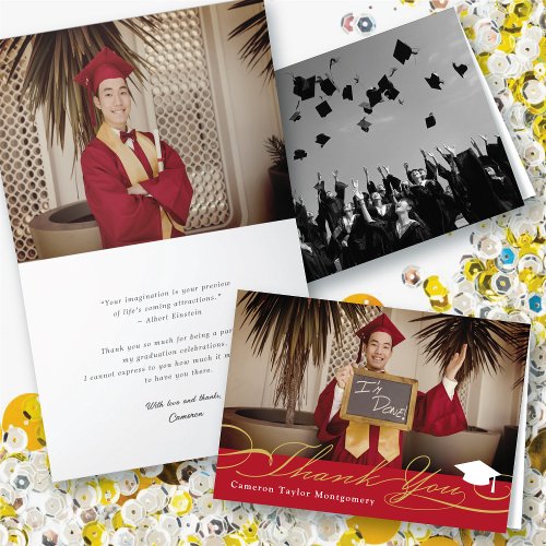 Stylish Chic Script Graduation Cap Photo Graduate Thank You Card