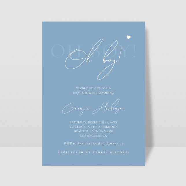 Stylish Chic Script Oh Boy Heart Blue Baby Shower Invitation (Creator Uploaded)