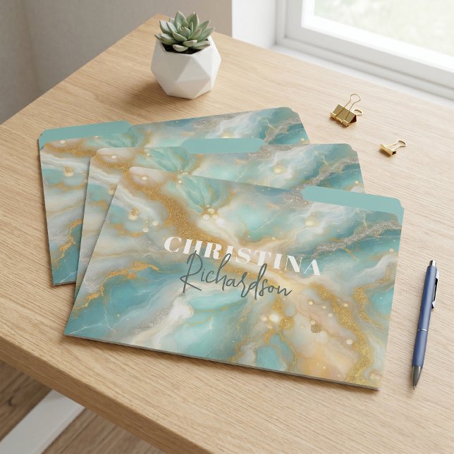 Stylish Chic Teal Gold Geode Marble Fluid Art Name File Folder (Creator Uploaded)