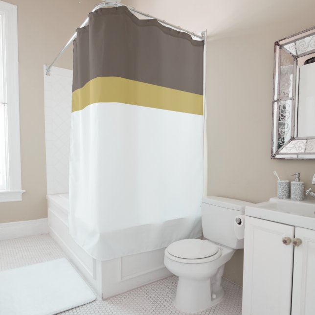 Stylish Chic White Brown Matte Gold Top Stripes Shower Curtain (In Situ)