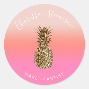 Stylish chick colorful gold pineapple pink makeup classic round sticker