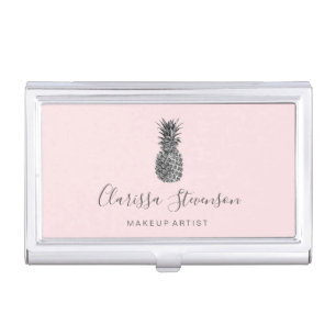 Stylish chick pink & silver pineapple makeup business card case