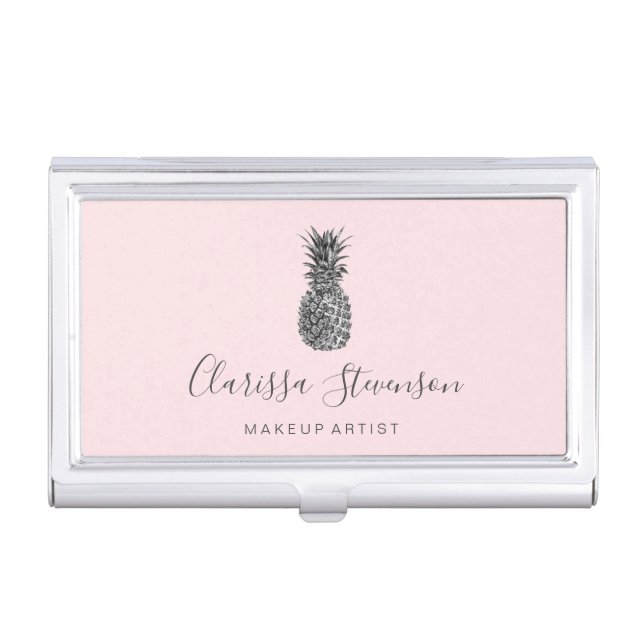 Stylish chick pink & silver pineapple makeup business card case (Front)