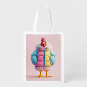 Stylish Chicken in Colorful Winter Puffer Jacket Grocery Bag