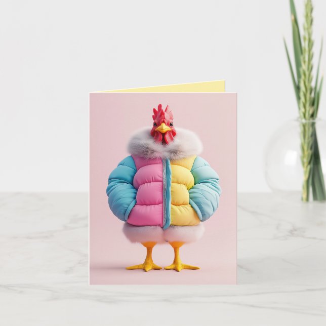 Stylish Chicken in Colorful Winter Puffer Jacket Invitation (Front)