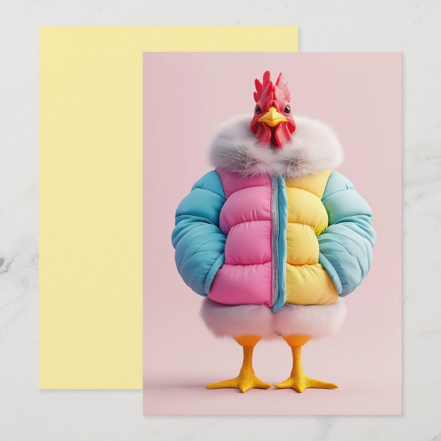 Stylish Chicken in Colorful Winter Puffer Jacket Invitation (Front/Back)