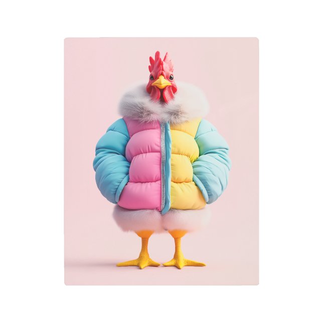 Stylish Chicken in Colorful Winter Puffer Jacket Metal Print (Front)
