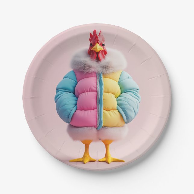 Stylish Chicken in Colorful Winter Puffer Jacket Paper Plates (Front)