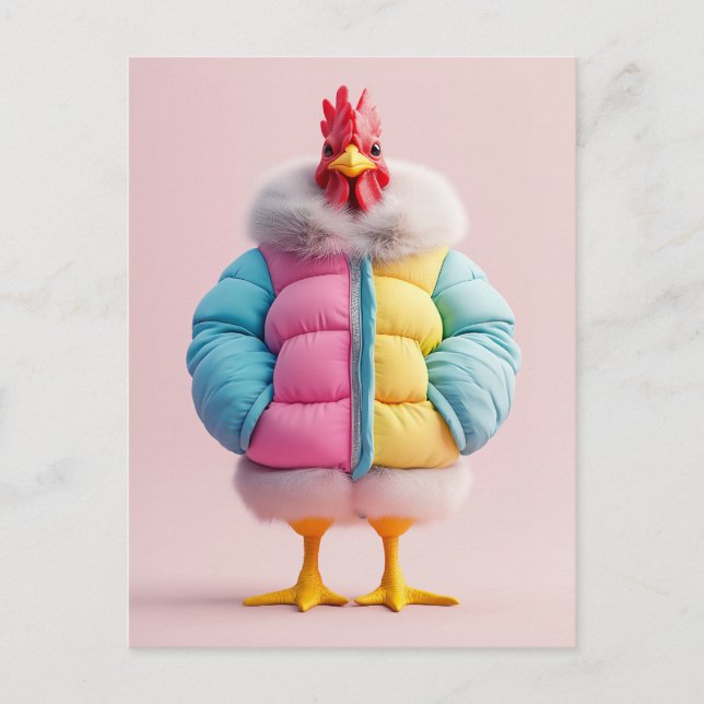 Stylish Chicken in Colorful Winter Puffer Jacket Postcard (Front)