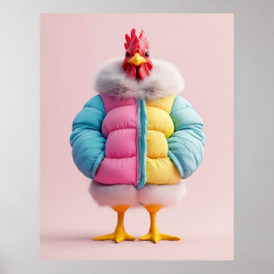 Stylish Chicken in Colorful Winter Puffer Jacket Poster