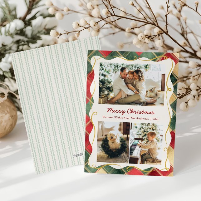 Stylish Christmas 3 Photo Red Green Plaid Pattern Holiday Card (Creator Uploaded)