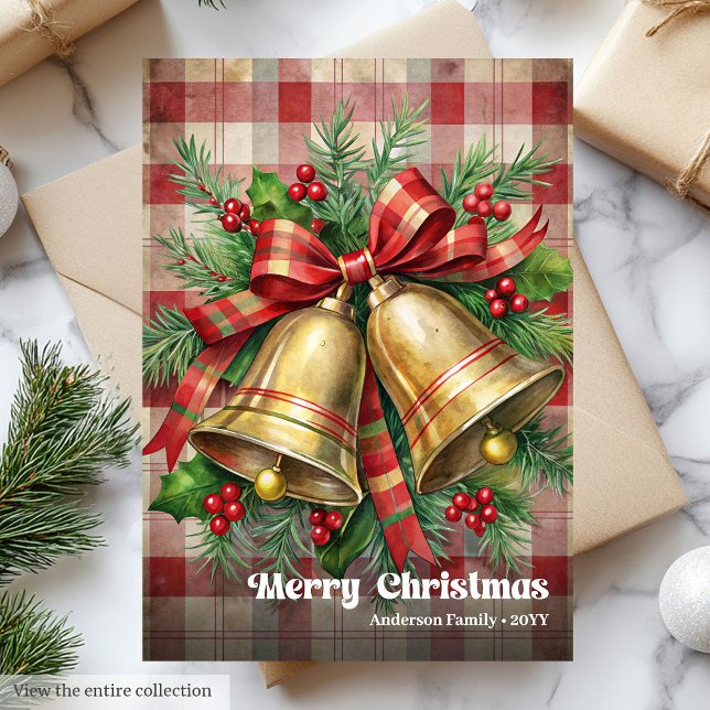 Stylish Christmas bells classic holly berries card (Stylish Christmas bells classic holly berries card)