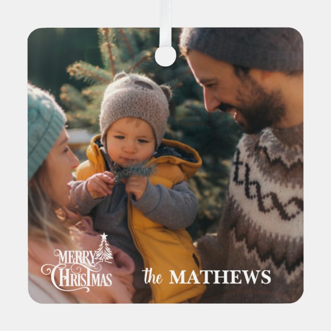 Stylish Christmas Family Photo Metal Ornament (Front)