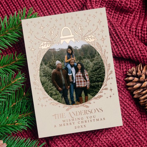 Stylish Christmas Foliage Ornament Photo  Foil Holiday Card