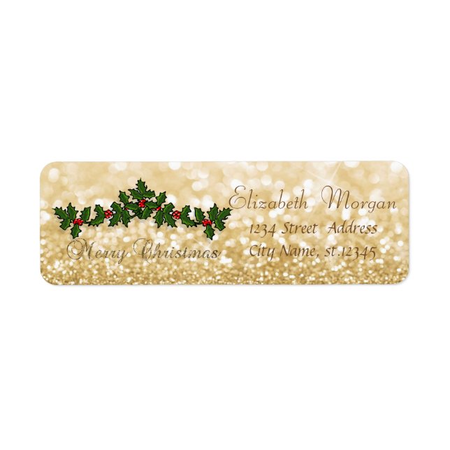 Stylish Christmas Holly Berry Branches,Glittery Label (Front)