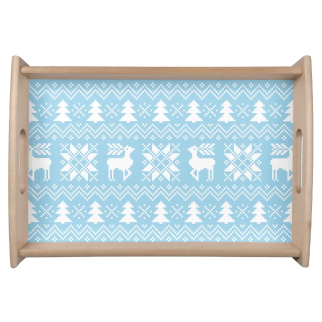 Stylish Christmas Icy Blue Pattern With Reindeers Serving Tray (Front)