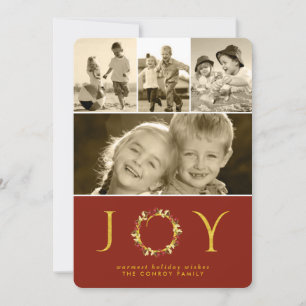 Stylish Christmas Joy Elegant Gold Floral Wreath Holiday Card
