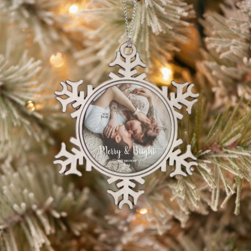 Stylish Christmas Merry Bright Family Photo Snowflake Pewter Christmas Ornament