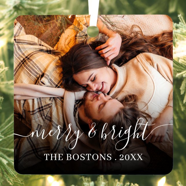 Stylish Christmas Minimal Cute Couple Photo Metal Ornament (Creator Uploaded)