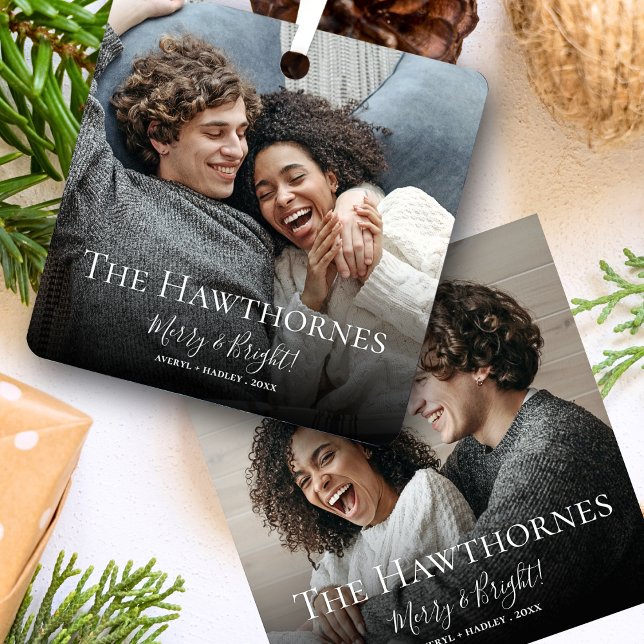 Stylish Christmas Minimal Cute Fun Couple 2 Photo Metal Ornament (Creator Uploaded)