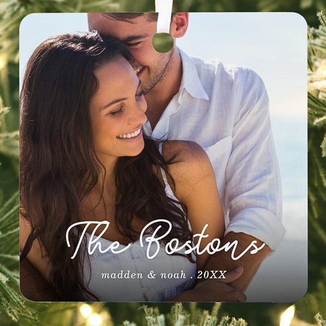 Stylish Christmas Minimal Cute  Fun Couple Photo Metal Ornament (Creator Uploaded)