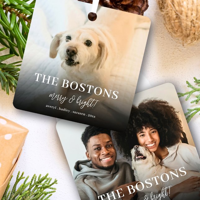 Stylish Christmas Minimal Fun Couple Dog 2 Photo Metal Ornament (Creator Uploaded)