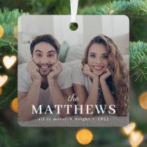 Stylish Christmas | Minimal Fun Couple Photo Metal Ornament