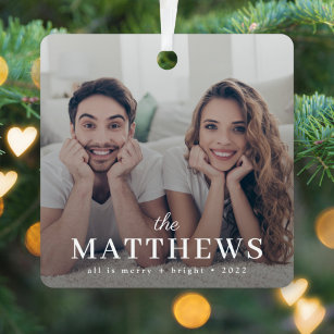 Stylish Christmas   Minimal Fun Couple Photo Metal Ornament