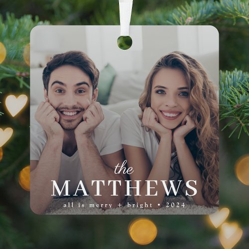 Stylish Christmas | Minimal Fun Couple Photo Metal Ornament