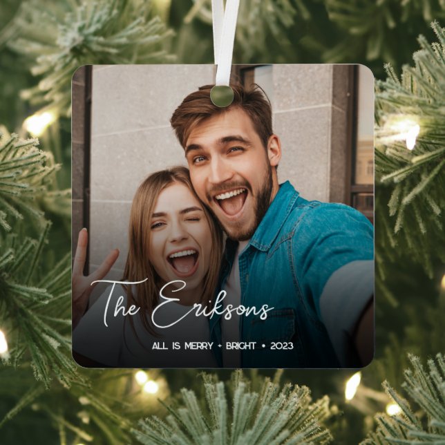 Stylish Christmas | Minimal Fun Couple Photo Metal Ornament (Insitu)