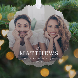 Stylish Christmas   Minimal Fun Couple Photo Ornament Card