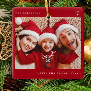 Stylish Christmas minimal fun photo family red Ceramic Ornament