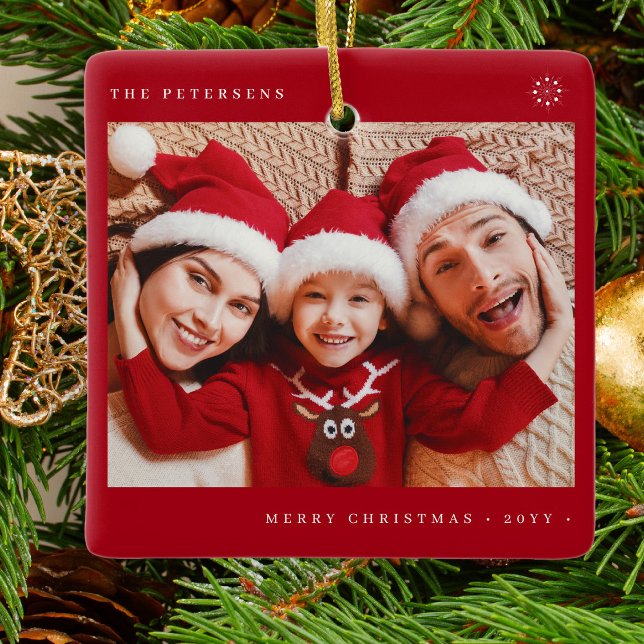 Stylish Christmas minimal fun photo family red Ceramic Ornament (Creator Uploaded)