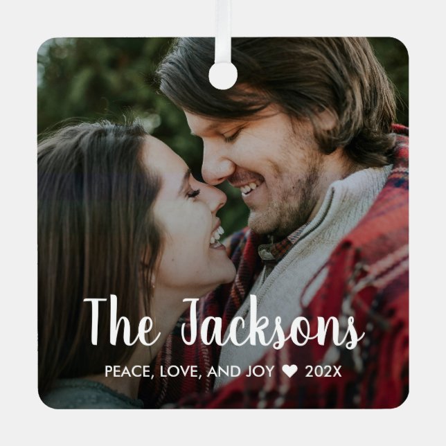 Stylish Christmas Minimal Rustic Couple Photo  Metal Ornament (Front)